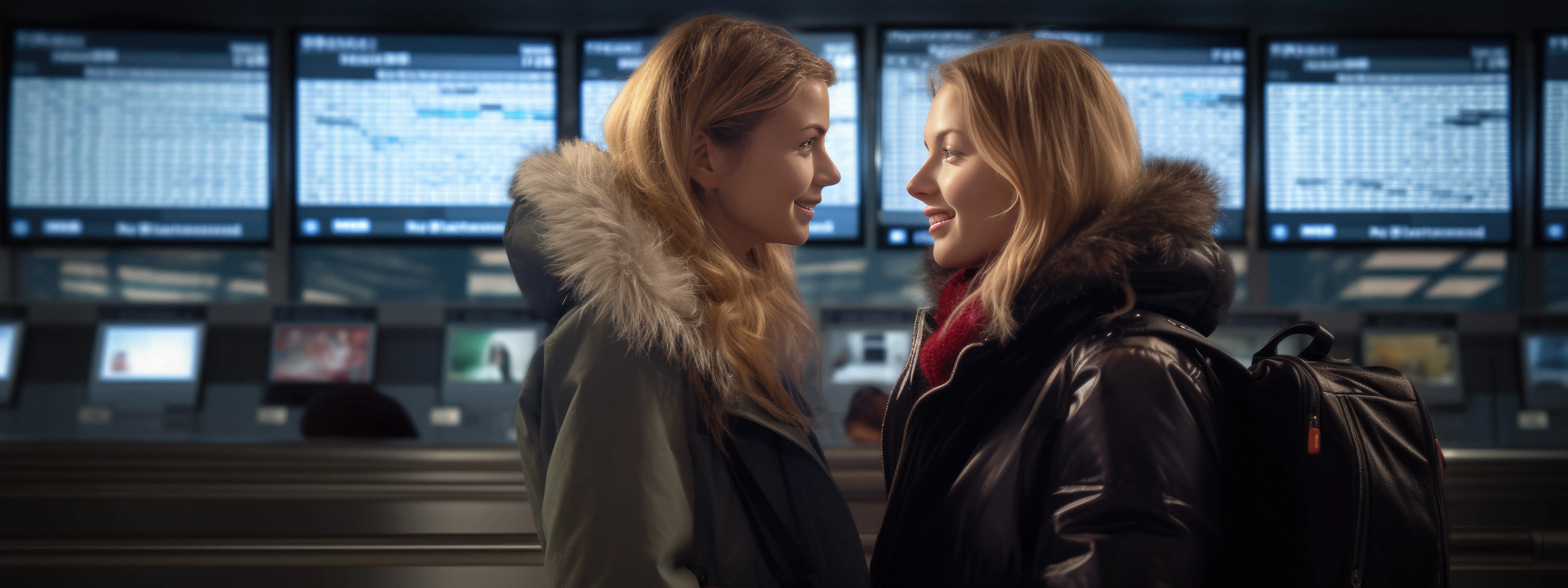 Two women who are friends in the airport.
