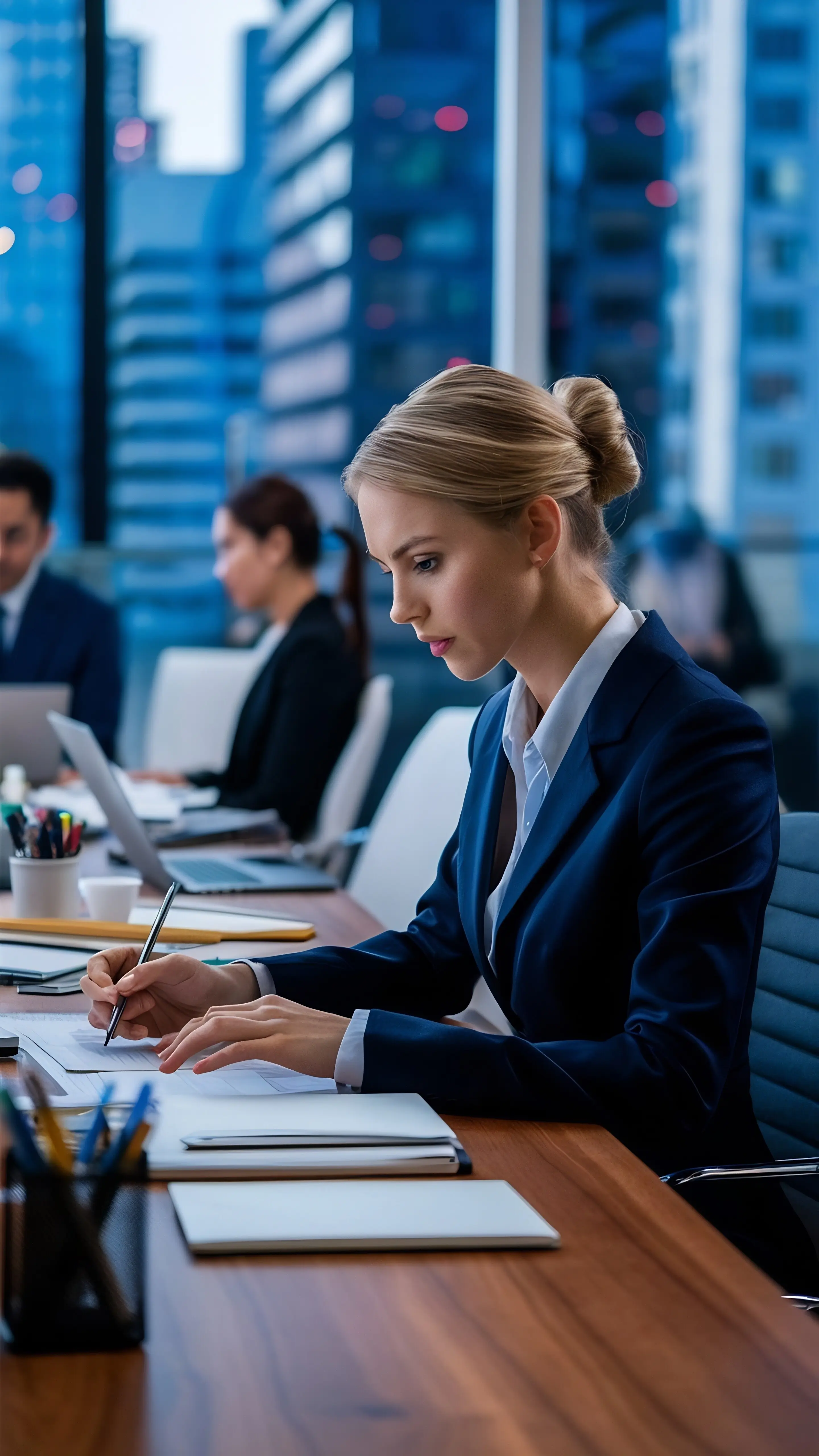 A woman working in an office.